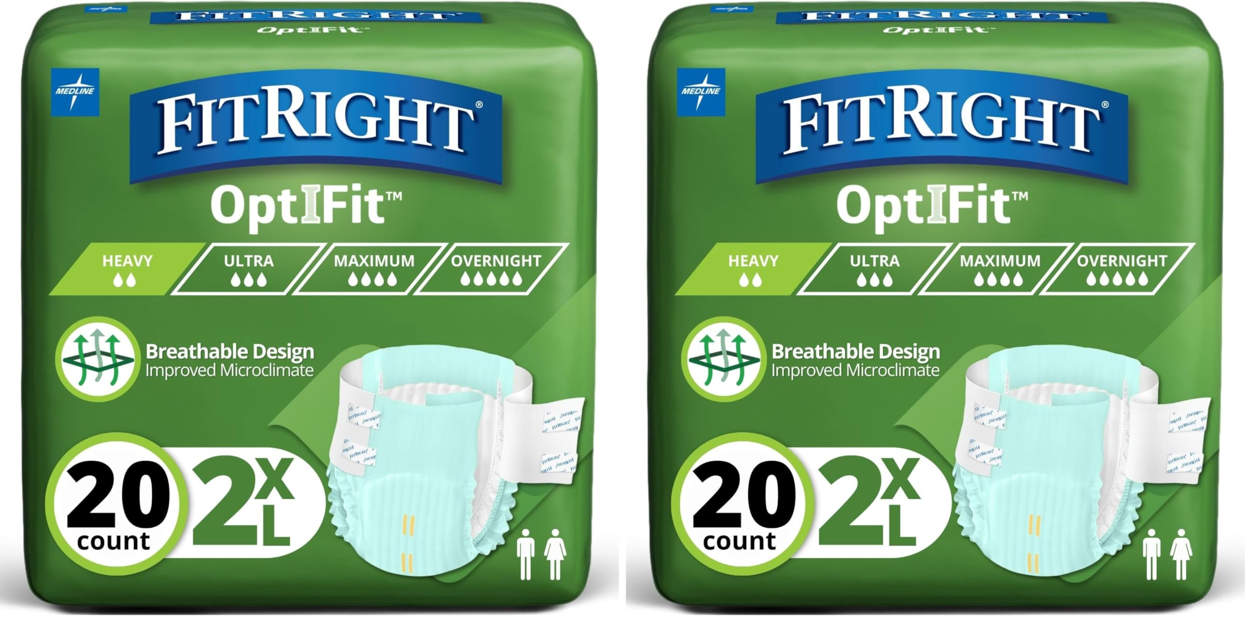 FitRight OptiFit Extra Incontinence Diapers for Adults, Moderate Absorbency, 2XL Size, 60 to 70" Long, 20 Count (Pack of